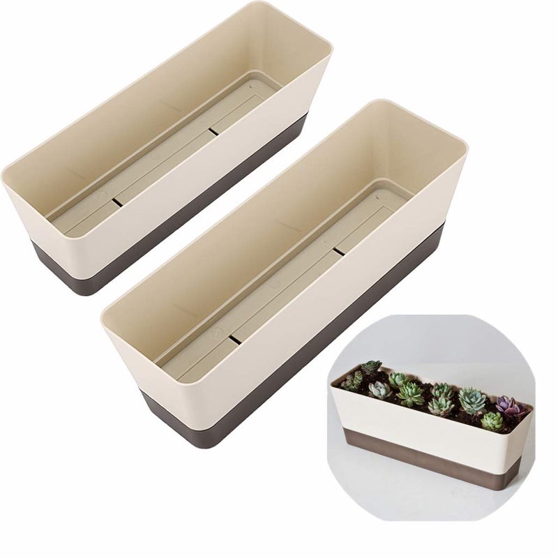 Skelang 2 Pcs Rectangular Plant Pot, 12" Watering Plant Container with Drainage Hole, Window Planter Box with Saucer for Succulents, Flowers, Herbss - Image 1